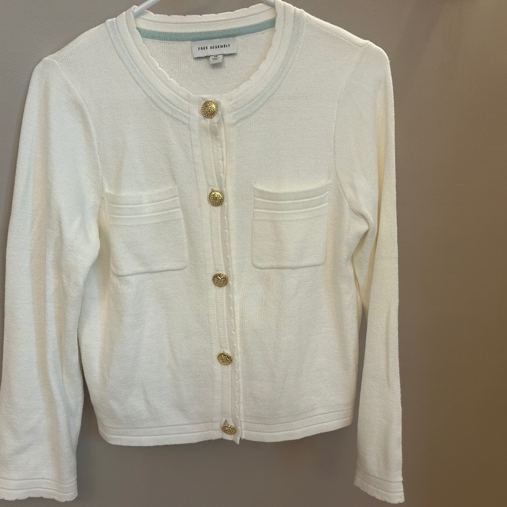 Free Assembly White Lady Cardigan Cream Gold Buttons XS